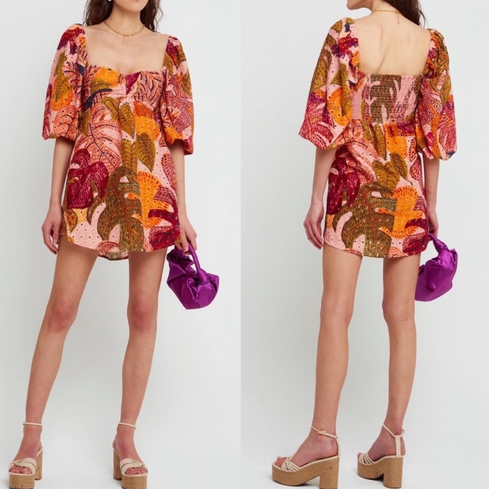 Kourt Robbie Dress, Eyelit Tropical Floral Print, Puff Sleeved Mini Dress, Pink